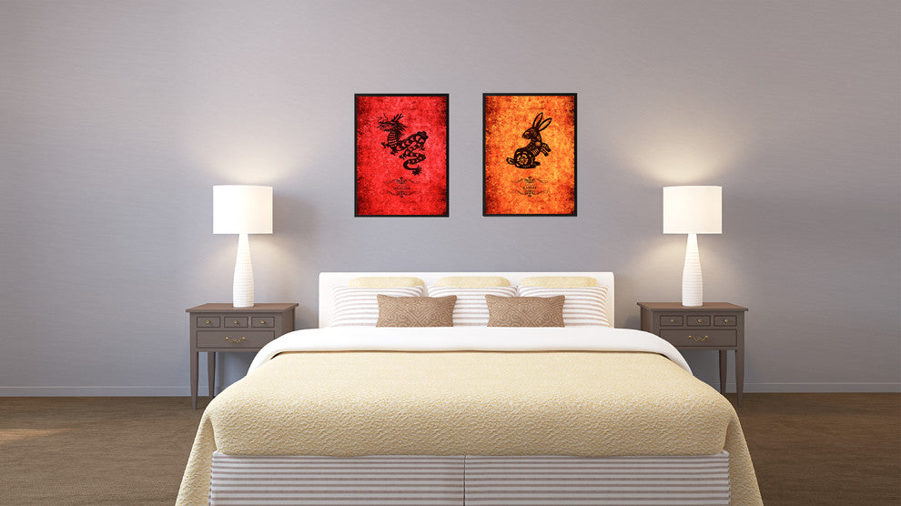Rabbit Chinese Zodiac Orange Print on Canvas with Picture Frame, 28"x37"