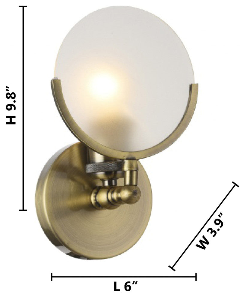 Wall Sconce With Round Frosted Glass Shade, Brass Iron