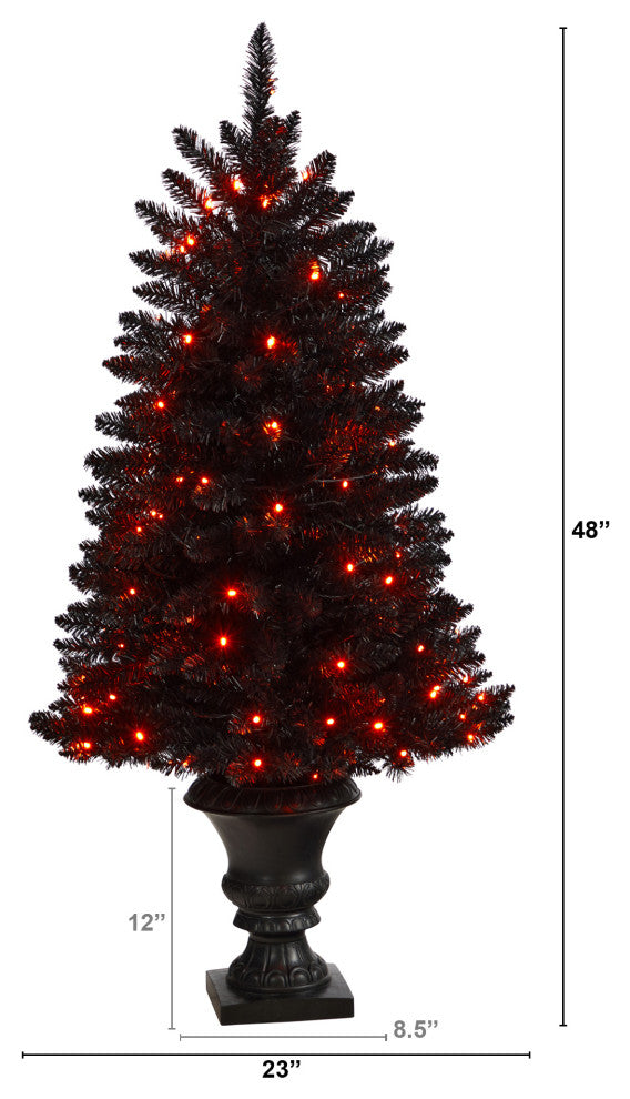 4' Black Halloween Artificial Christmas Tree, Urn With 100 Orange LED Lights