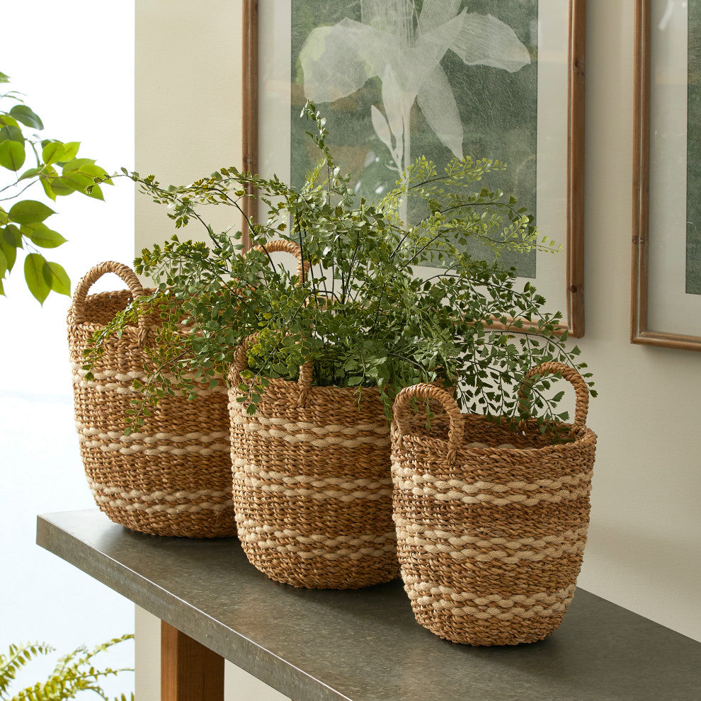 Seagrass & Jute Round Baskets With Handles, Set of 3
