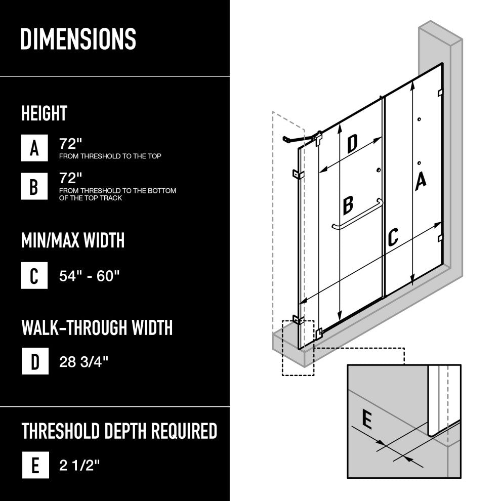 VIGO Pirouette 54" to 60" W x 72" H Frameless Pivot Shower Door, Brushed Nickel, Clear Glass