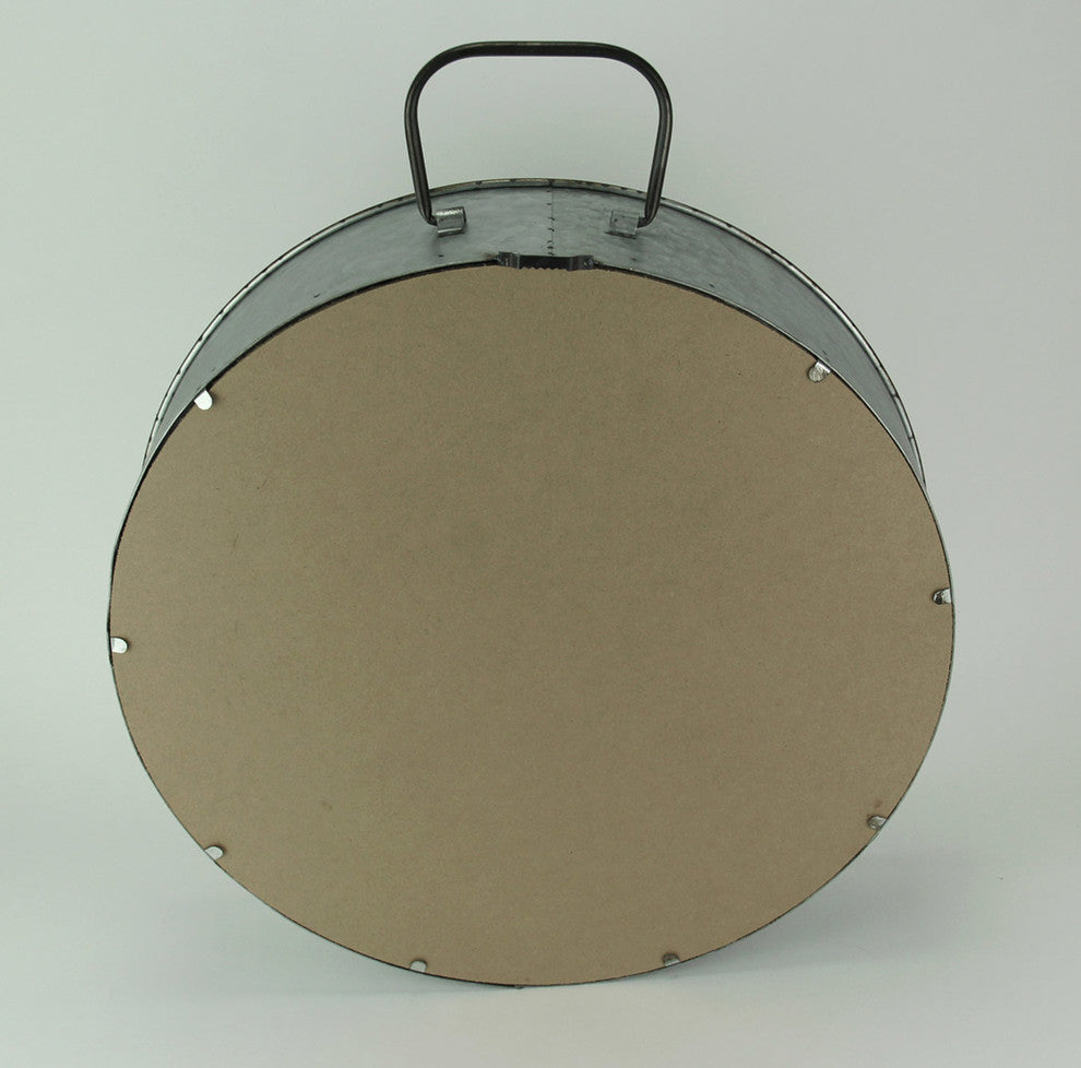 Rustic Galvanized Metal Tub Frame Round Wall Mirror with Drawer