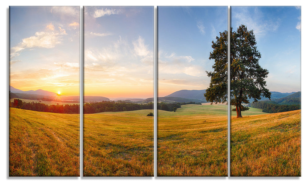 "Lonely Tree on Meadow at Sunset" Landscape Photo Wall Art, 4 Panels, 48"x28"
