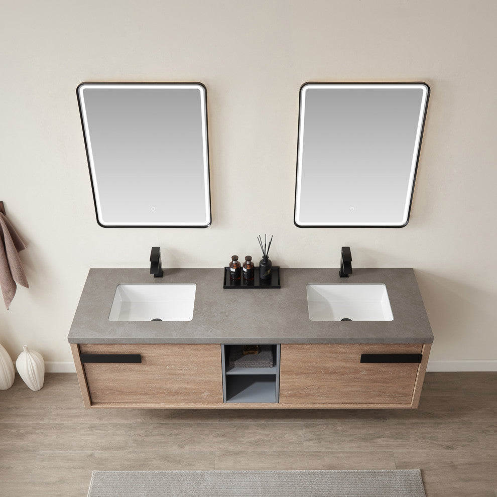 Carcastillo Bath Vanity, Oak With Sintered Stone Top, 72", With Mirror
