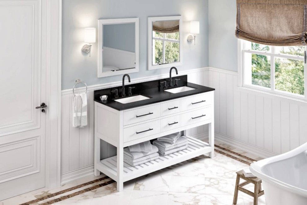Wavecrest Contemporay White 60" Double Bowl Vanity, Black Granite Top