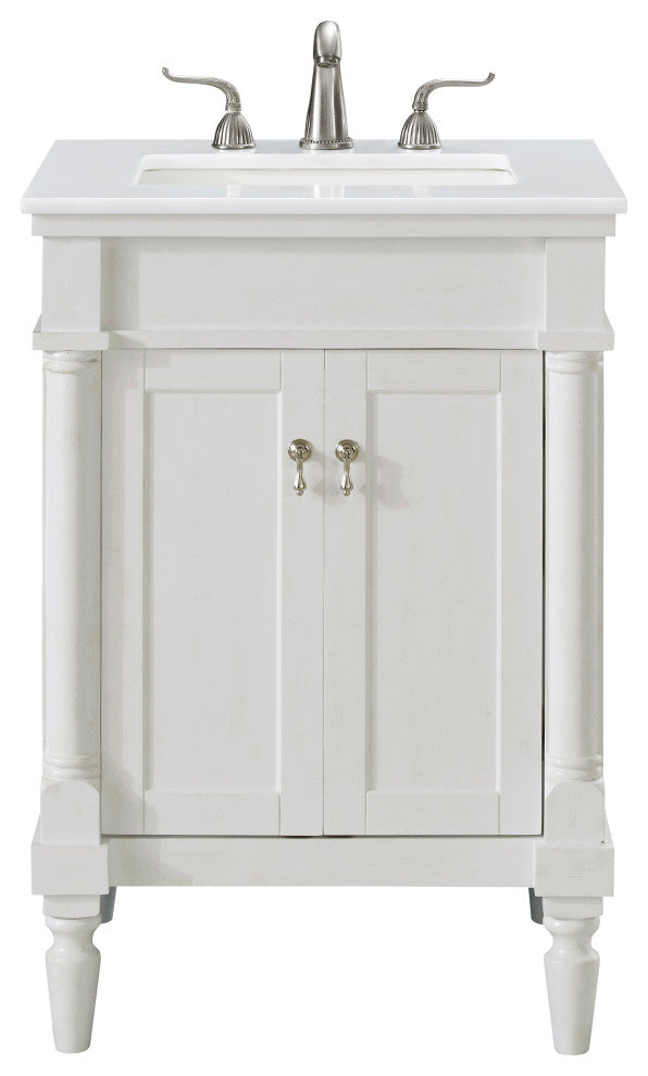 24" Single Bathroom Vanity, Antique White With Ivory White Engineered Marble