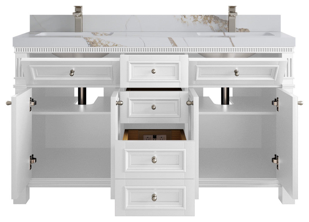 Paris 60" Double Sink Bathroom Vanity, White 2" Calacatta Gold