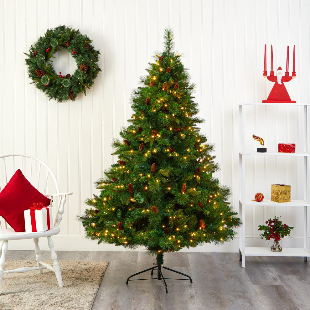 6' West Virginia Full Bodied Mixed Pine Faux Xmas Tree W/300 Lights & Pine Cones