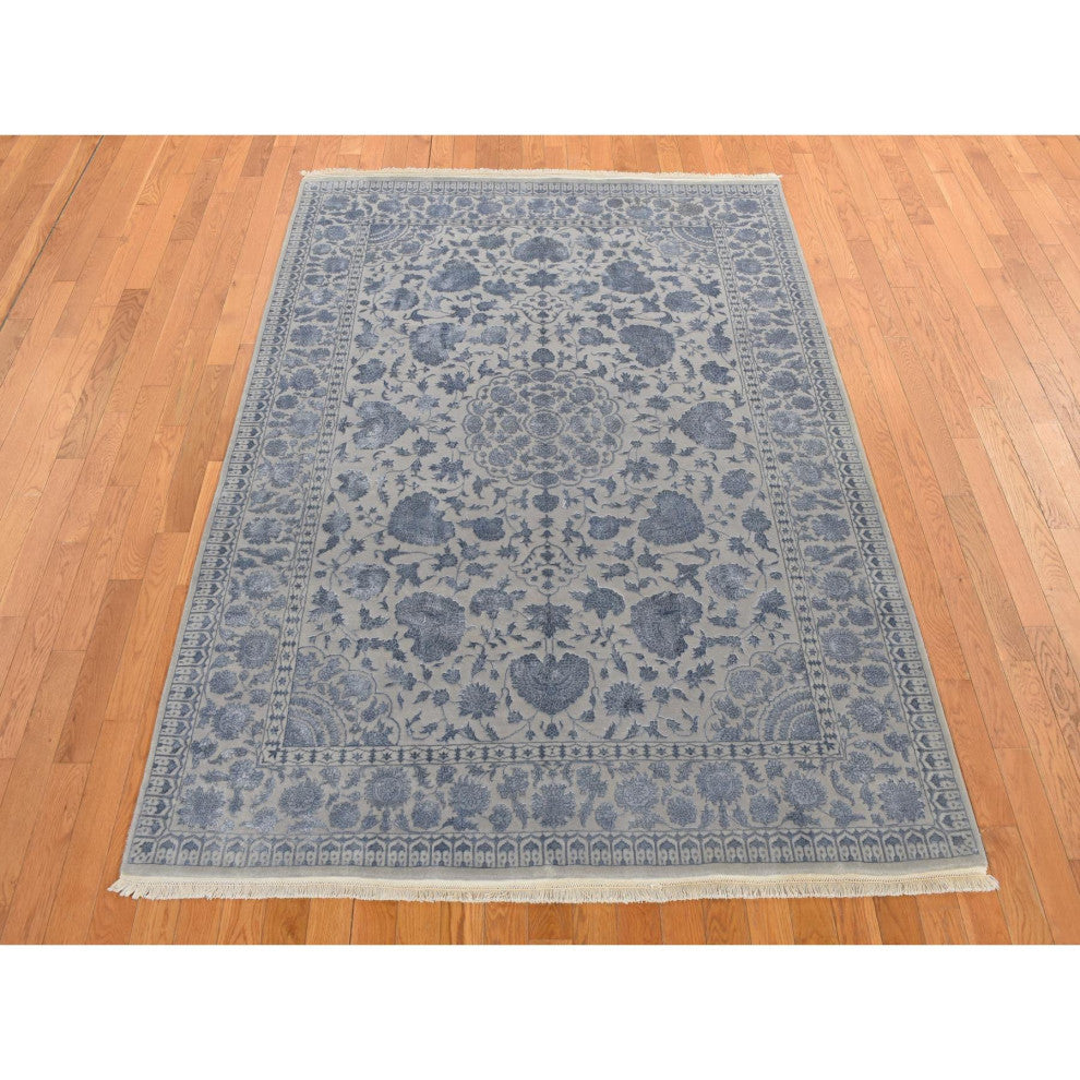 Silk Gray Kashan 250 KPSI Half Wool Half Silk Hand Knotted Rug 5'7"x7'10"