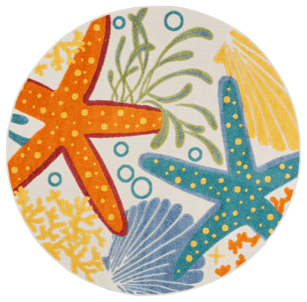 Nourison Aloha 4' x Round Multicolor Coastal, Nautical & Beach Area Rug