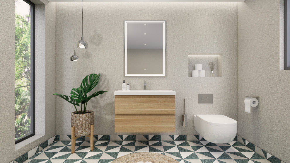 Belli 36" Wall Mounted Single Bathroom Vanity Set, White Oak, Glossy White Top