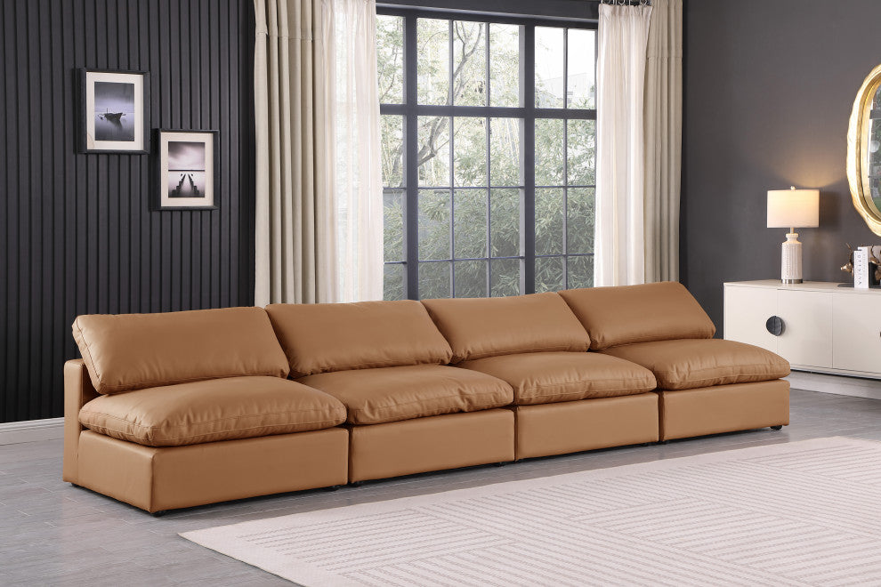 Comfy Upholstered Modular Sofa, Cognac, 4-Piece: 4 Armless Chair, Vegan Leather
