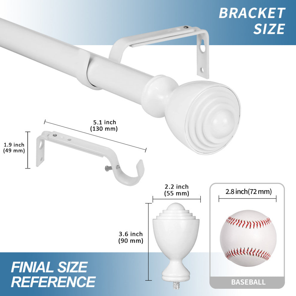1" Urn Drapery Curtain Rod, Glossy White, 28"-48"
