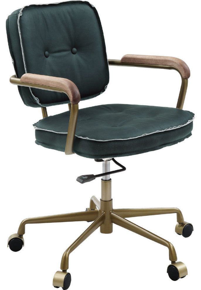 Benzara BM268943 Office Chair With Leather Seat and Button Tufted Back, Green