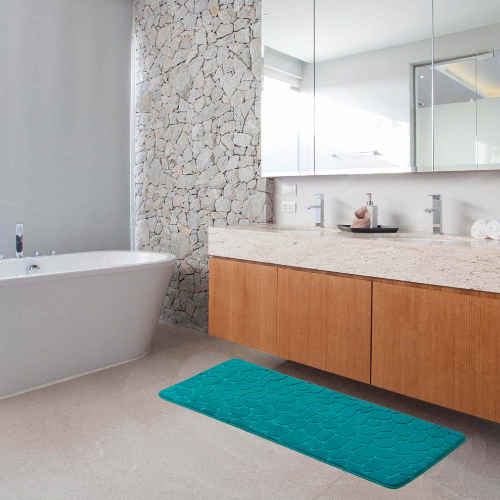 Bath Rug Memory Foam Mat 3D Pebble, Peacock Blue, Runner Mat 48"