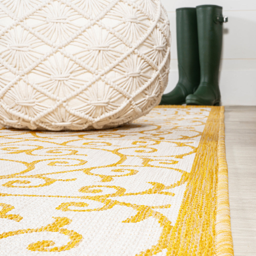Madrid Vintage Filigree Textured Weave Indoor/Outdoor, Cream/Yellow, 2 X 8