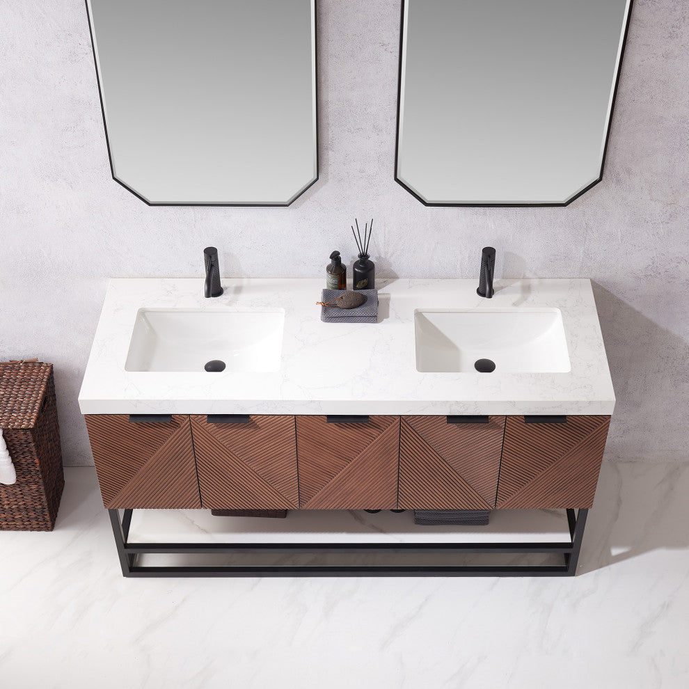 Mahon Bath Vanity, Stone Top, Matte Black Base, 60", Double Vanity, No Mirror