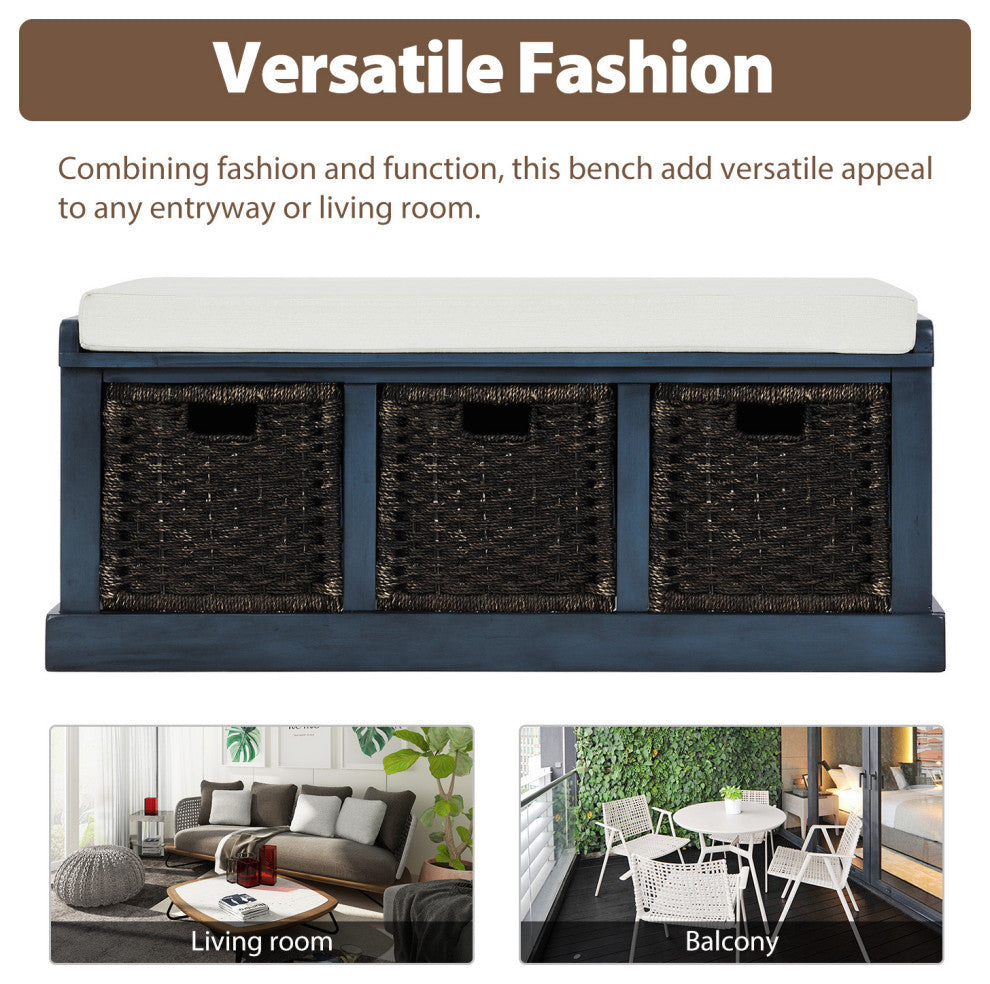 Storage Bench with Fabric Basket , with Removable Cushion