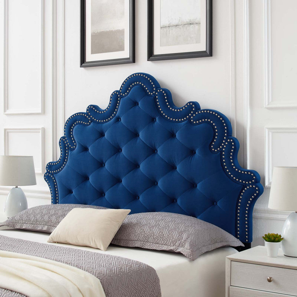 Tufted Headboard, Nailhead, Twin Size, Blue Navy, Velvet, Modern, Mid Century