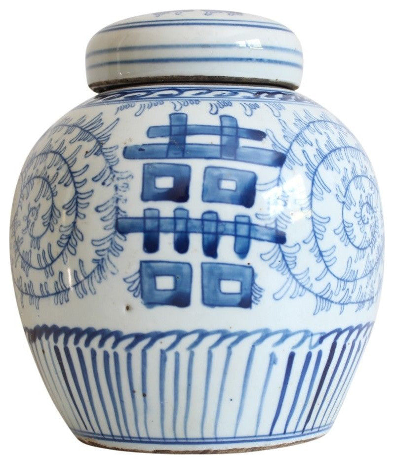 Blue and White Porcelain Double Happiness Ginger Jar Lotus Motif 6"