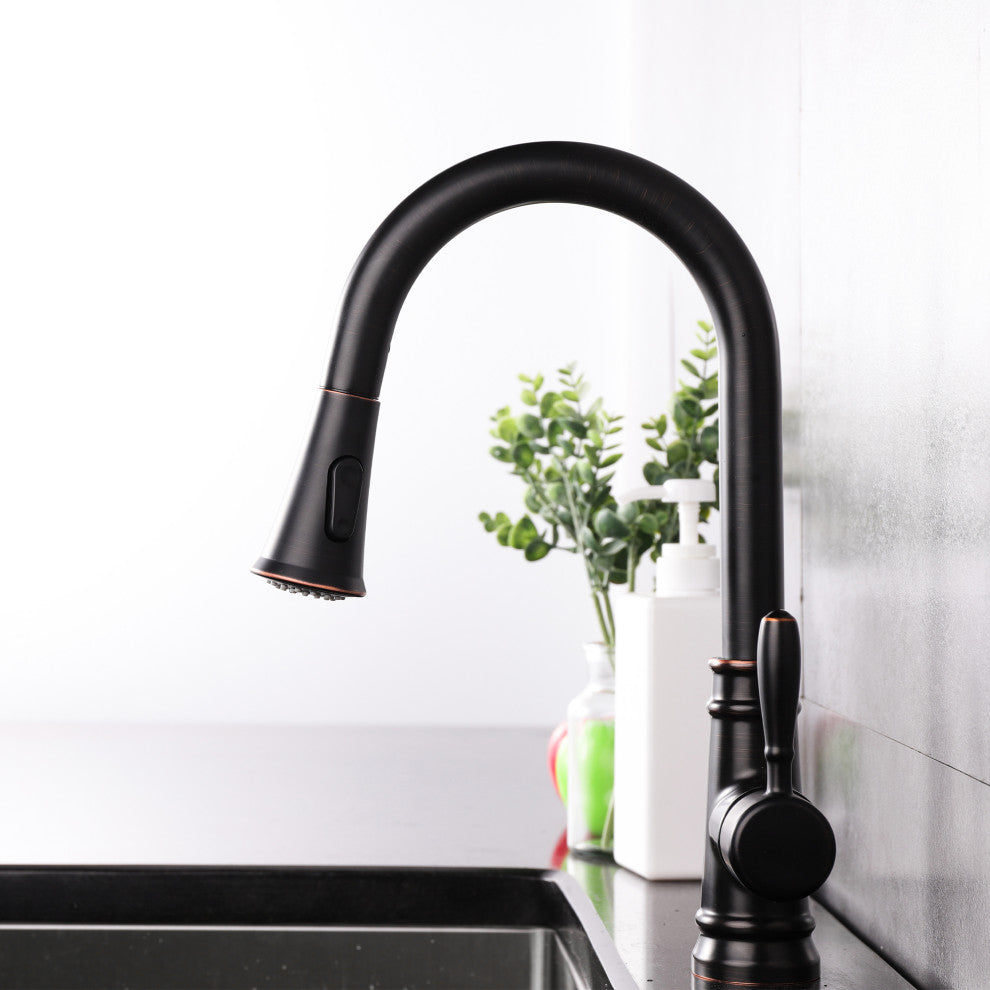 Single Handle High Arc Pull Out Kitchen Faucet in Oil Rubbed Bronze Finish
