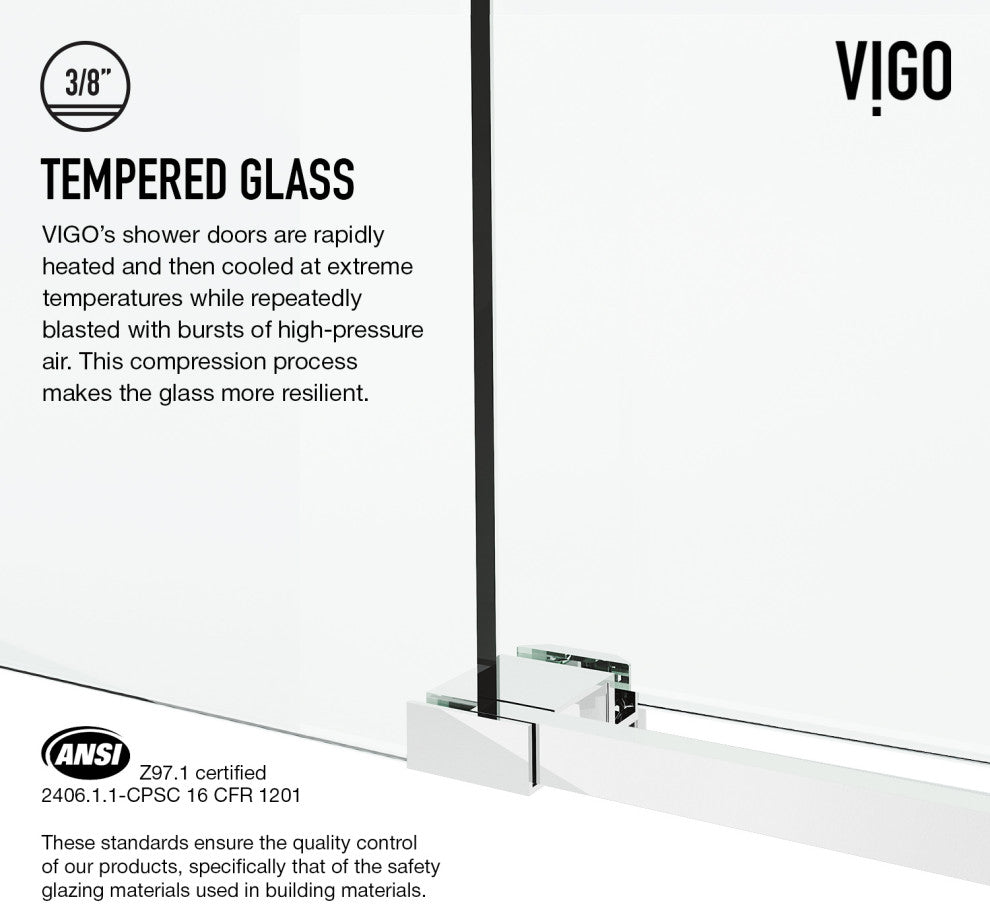 VIGO Elan Cass Aerodynamic 60" to 64" W x 76" H Frameless Sliding Shower Door, Chrome, Clear Glass