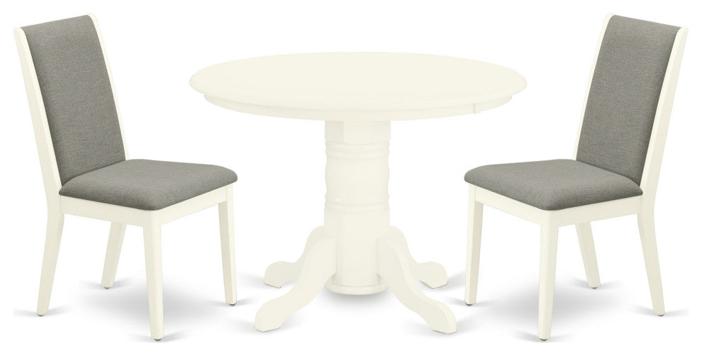 3Pc Wood Dining Set, Round Table, 2 Chairs, Shitake Chairs Seat, Linen White