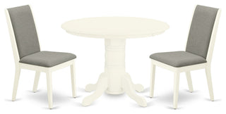 3Pc Wood Dining Set, Round Table, 2 Chairs, Shitake Chairs Seat, Linen White
