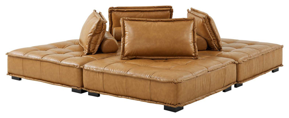 Modular Deep Tufted Sectional Sofa Set, Tan, Fabric, Modern, Lounge Hospitality