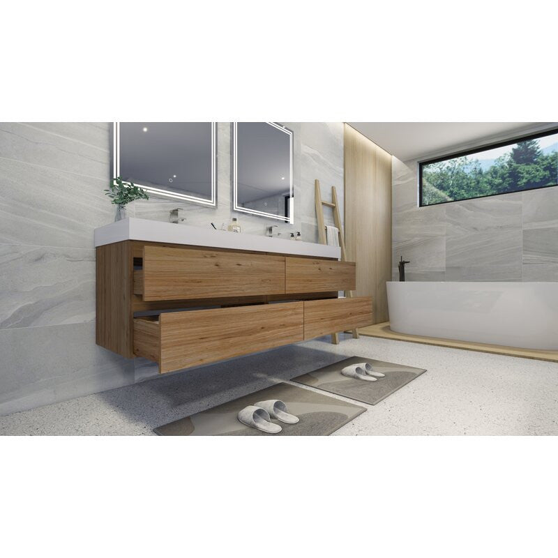 84" Double Sink Wall Mount Vanity, Acrylic Sink, Natural Oak