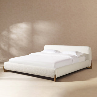Alpine Sherpa Modern Platform Bed, Ivory White Boucle, King