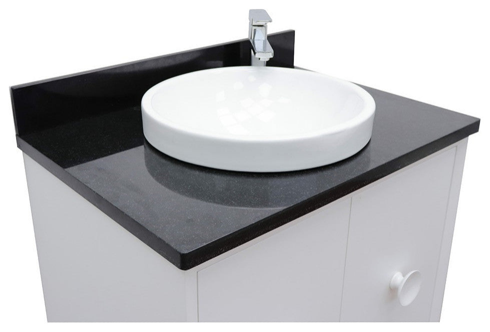 31" Single Wall Mount Vanity, White Finish With Black Galaxy Top