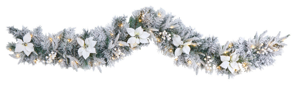 6' Flocked Poinsettia and Berry Artificial Christmas Garland With 50 LED Lights