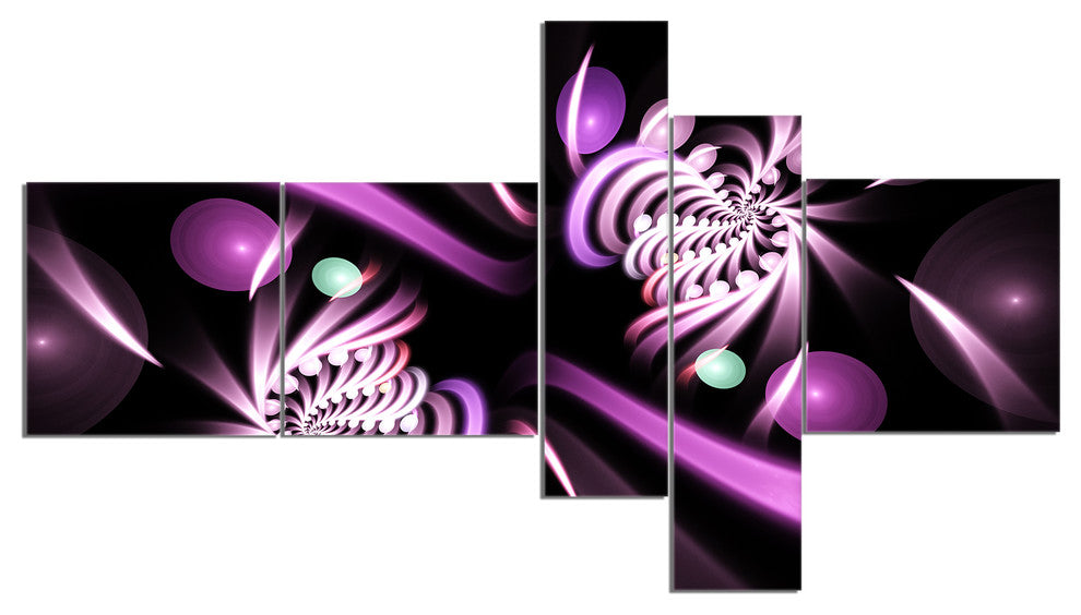 Purple on Black 3D Surreal Art, Floral Canvas Art Print, 60"x32", 5 panels