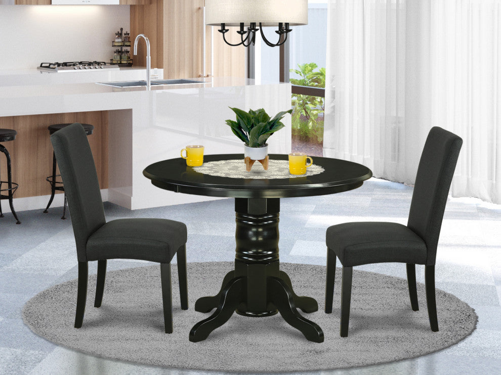 3Pc Round 42" Dining Room Table, A Pair Of Parson Chair, Black Finish Leg