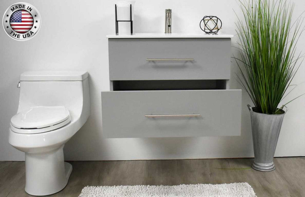 Napa 30" Modern Floating Bathroom Vanity With Ceramic Top and Round Handles, Gray