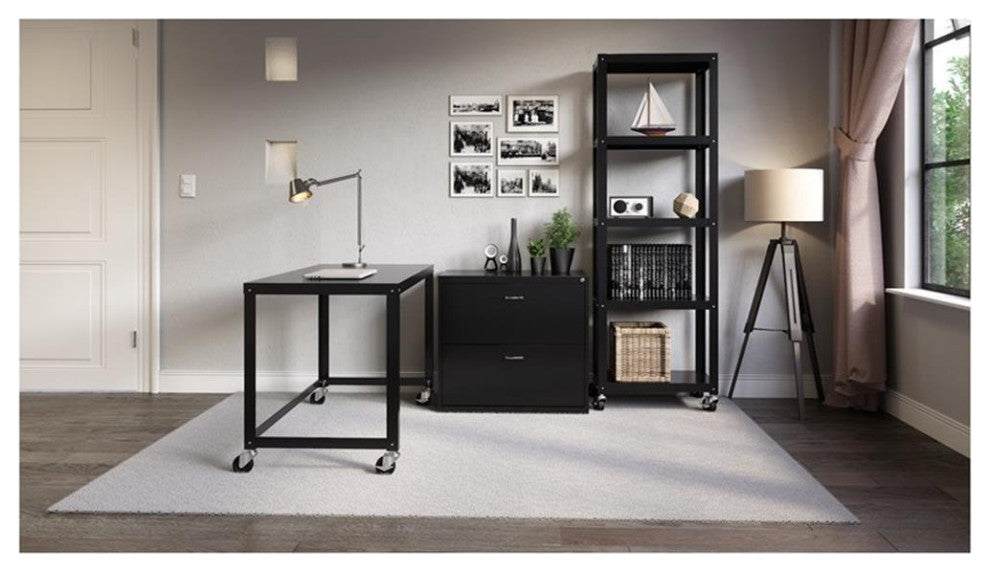 Pemberly Row 5-Shelf Steel Metal High Mobile Bookcase in Black