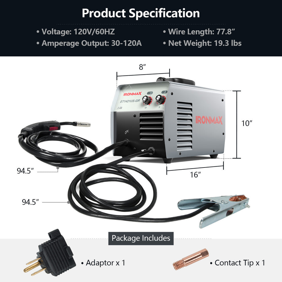 MIG Welder Gasless Flux Core Welding Machine120V IGBT w/Welding Gun&Earth Clamp