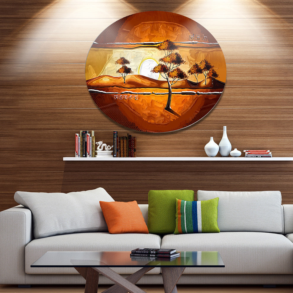 African Motive Art Watercolor, Landscape Round Metal Wall Art, 38"
