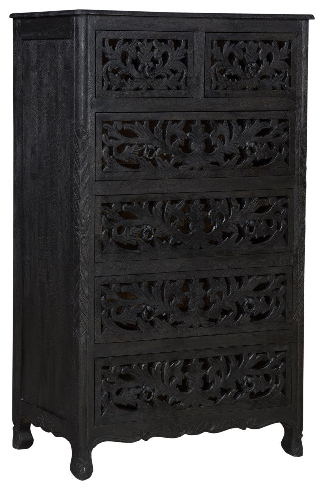 Delaney Carved Tall Chest, Distressed Black