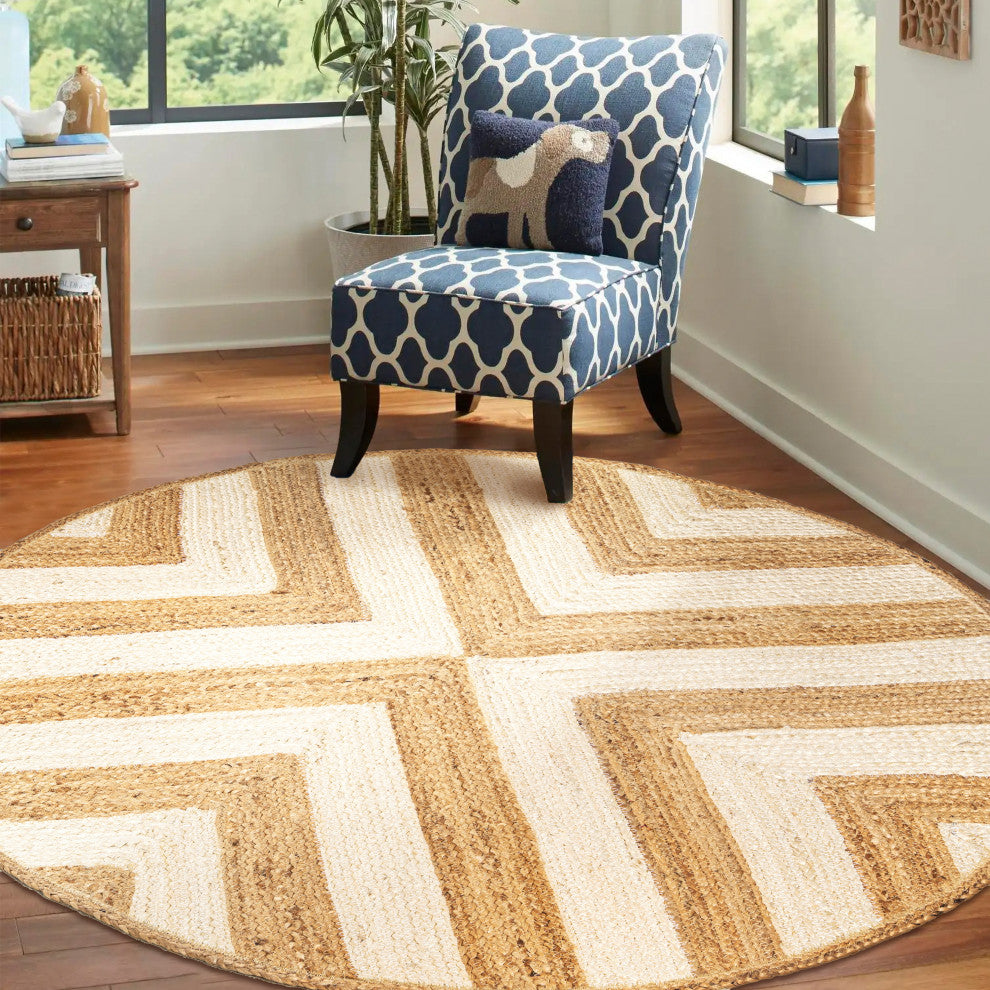 Piper Two-Tone Chevron Round Jute Round Area Rug, Cream/Natural, 5' Round