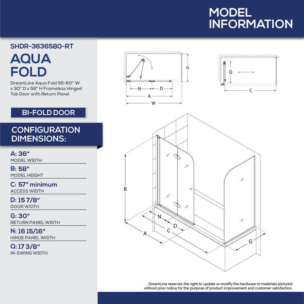 DreamLine 56 to 60"x30 D 58" Hinged Tub Door, SHDR-3636580-RT-01