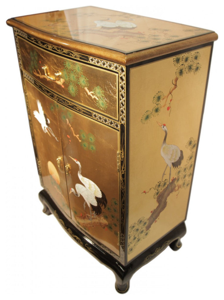 36" Round Front Gold Leaf Shoe Cabinet Hand Painted Cranes