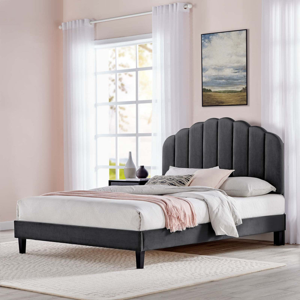 Platform Bed Frame, King Size, Charcoal Gray, Velvet, Modern, Guest Suite