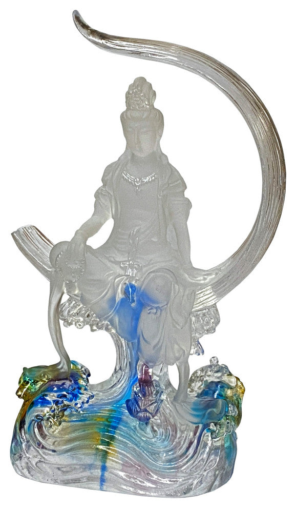 Crystal Glass Liuli Pate-de-Verre Moon Face Kwan Yin Bodhisattva Statue Hws1817