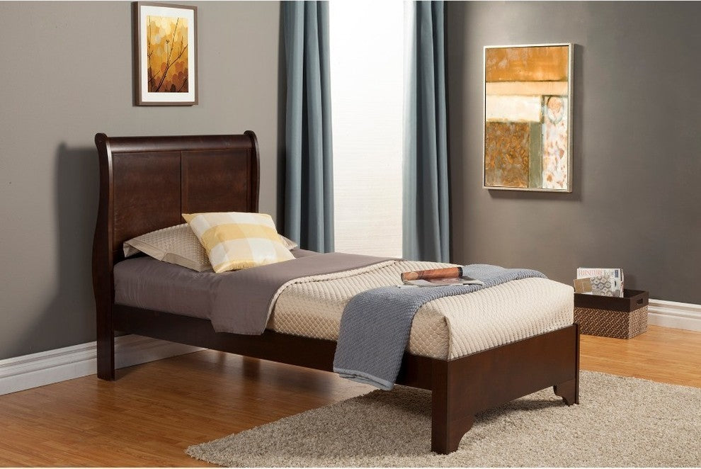 Benzara BM171937 Twin Size Low Footboard Sleigh Bed In Rubberwood, Brown