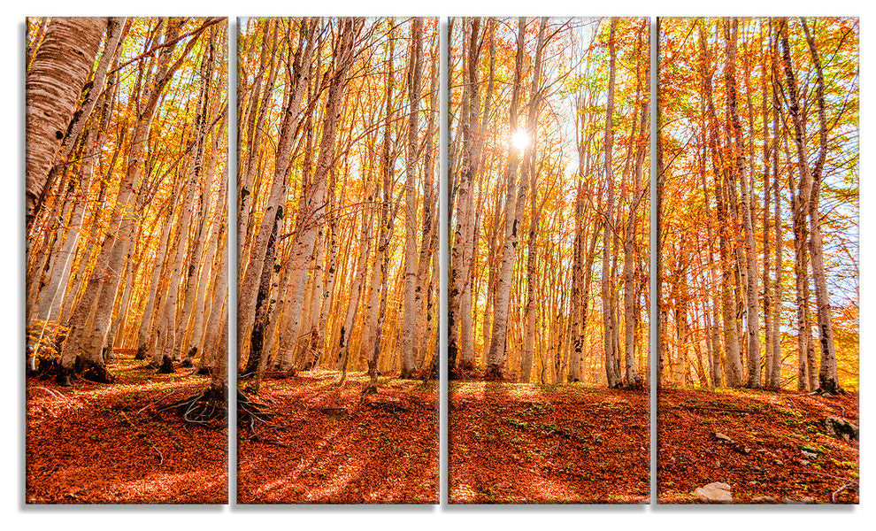 Colorful Red Forest at Sunset, Modern Forest Canvas Art, 48"x28", 4 Panels