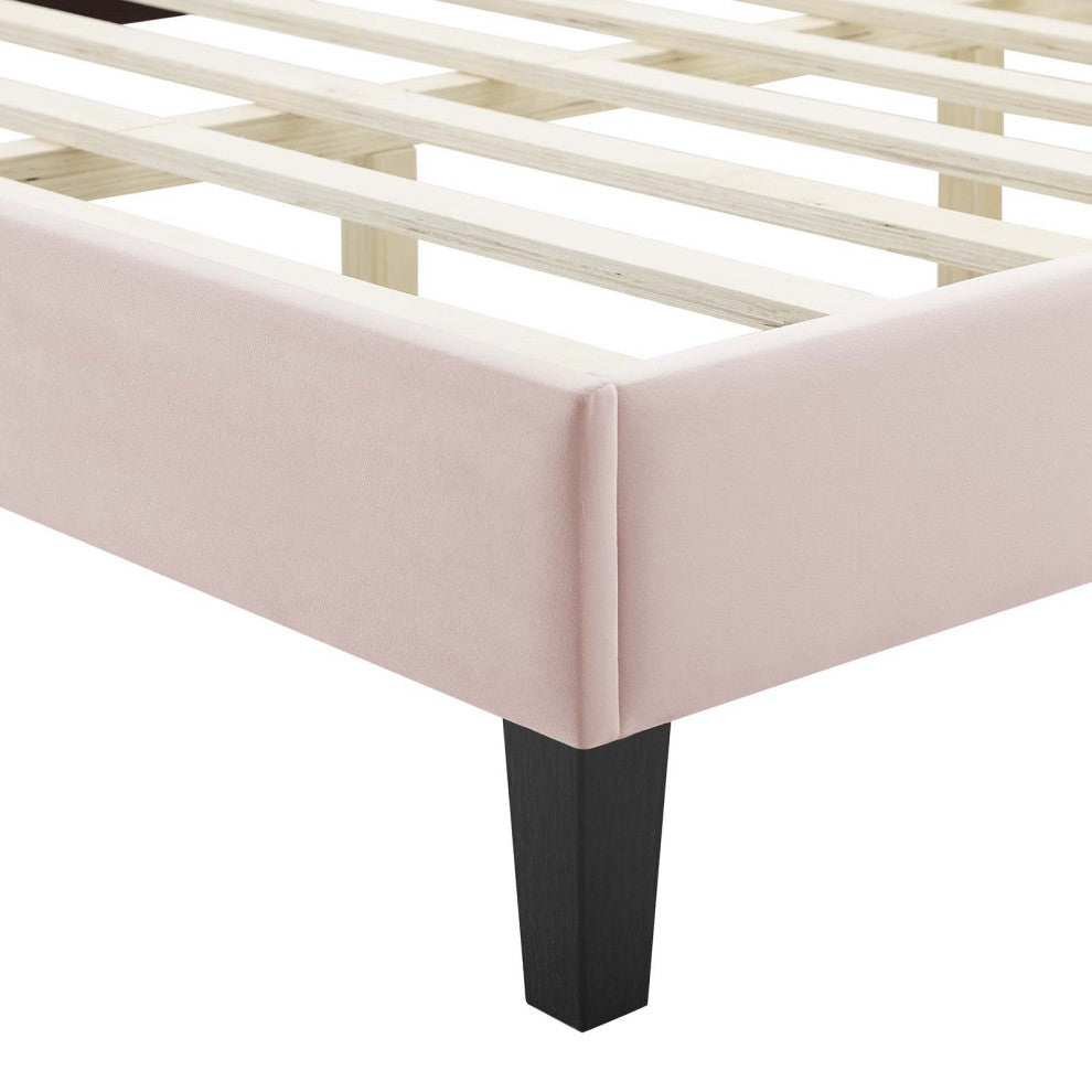 Platform Bed Frame, Nailhead, Queen Size, Pink, Velvet, Modern, Guest Suite