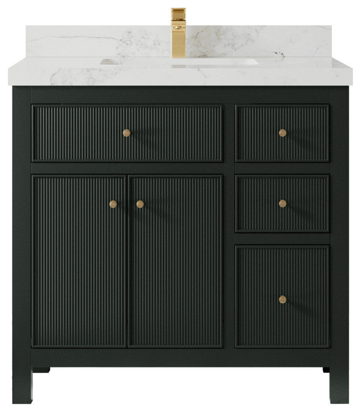 Sonoma 36 Center Sink Reeded Bath Vanity in Dark Forest Green 2" Calacatta Nuvo