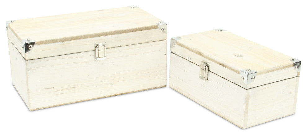 Set of 2 White Wash Wood Box With Bronze Corner Accent